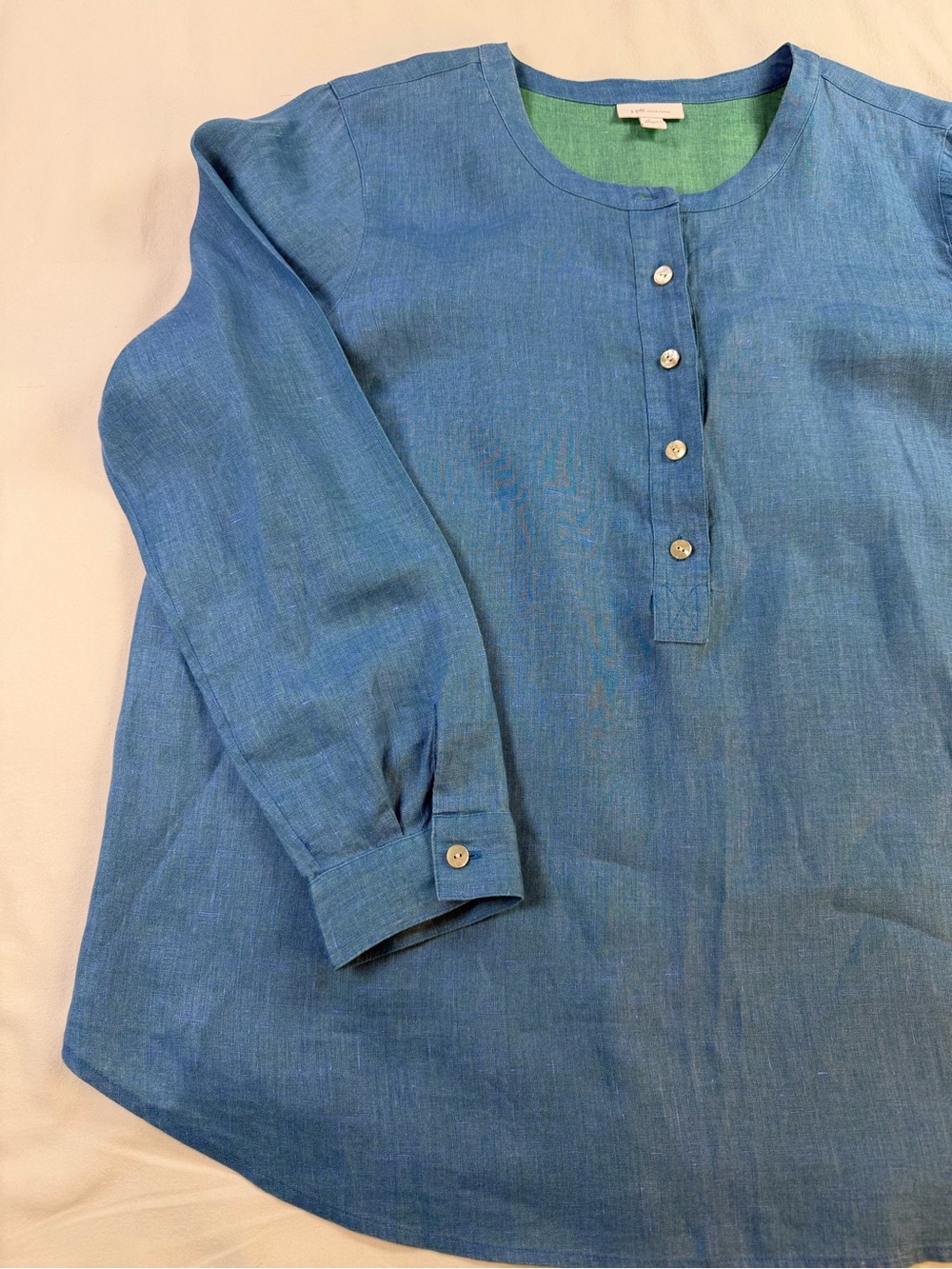 J. Jill Love Linen 100% Linen Henley Style Tunic Blouse Blue and Green - Picture 8 of 8